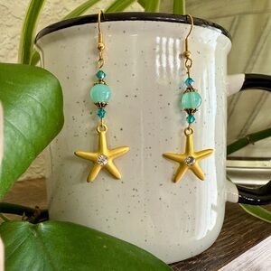 Glass & Crystal Turquoise Beads Starfish Drop Dangle Earrings Gold Tone NEW‎